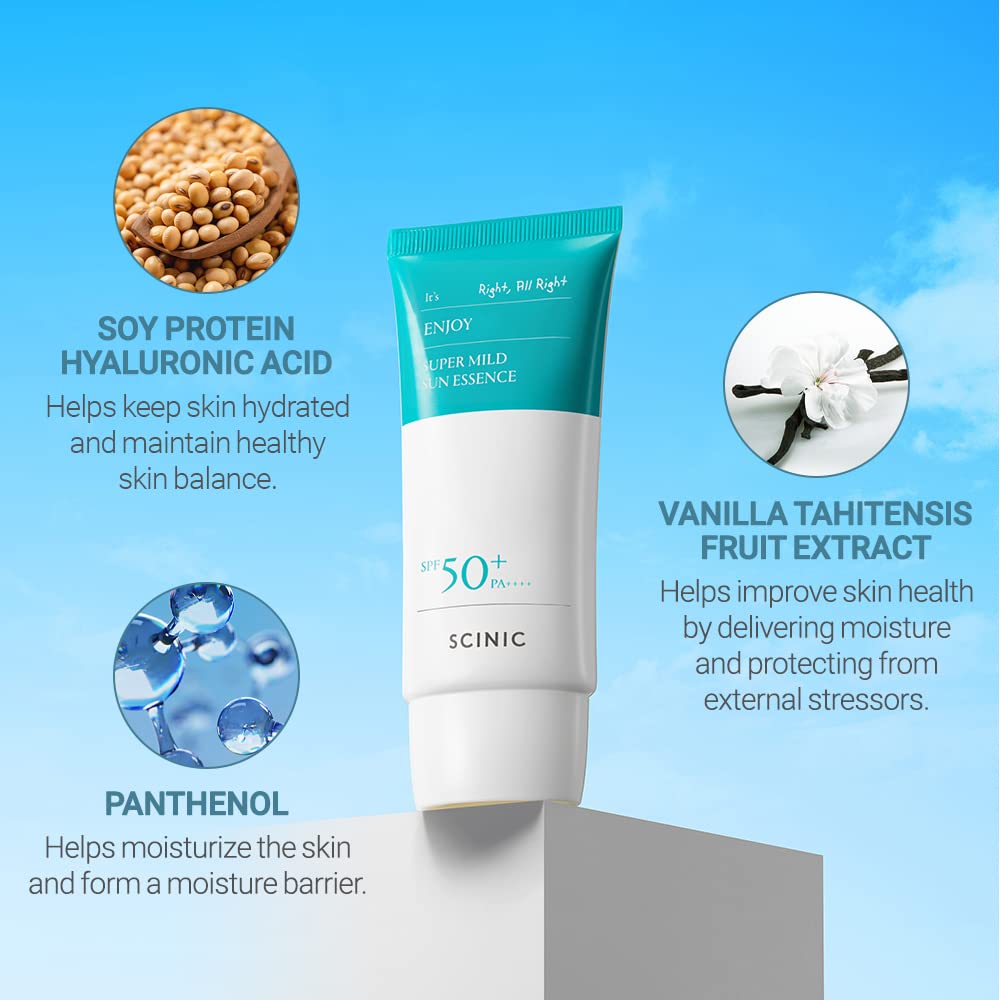 Scinic Enjoy Super Mild Sun Essence 2 Set Spf50+ Pa++++ 1.69 Fl Oz(50Ml) | A Lightweight Hydrating Sun Essence That Leaves No Sticky Feeling | Korean Skincare