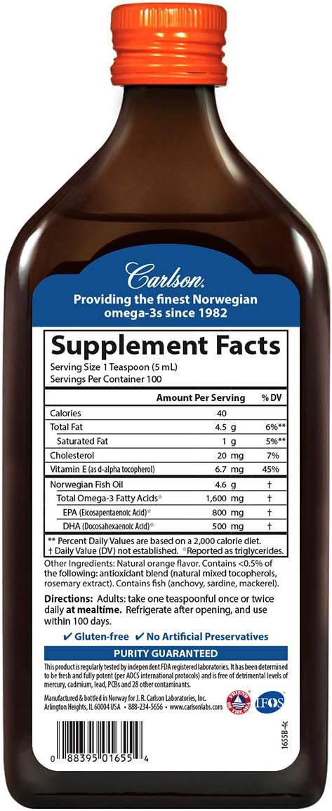 Carlson - The Very Finest Fish Oil, 1600 mg Omega-3s, Liq Fish Oil Supplement, Norwegian Fish Oil, Wild-Caught, Sustainably Sourced Fish Oil Liq, Orange, 16.9  