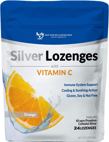 Silver Lozenges With Vitamin C - Premium Nano Silver 60 Ppm Colloidal Silver, Organic Honey And Vitamin C Mineral Supplement Drops To Support Immune System, Soothe Cough & Throat - 24 Orange Lozenges