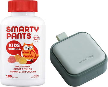 Smartypants Kids Complete Multivitamin, 180 Gummies Bundle With Long Glacier Pill Oragnizer, Small Cute Pill Container For Medicine, Vitamins, Fish Oils, Supplement, Green