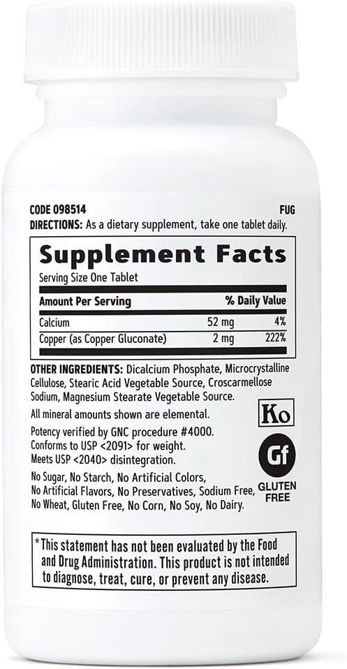 Gnc Copper 2 Mg 100 Vegetarian Tablets