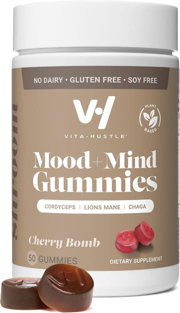 Vitahustle Super Mushroom Mood + Mind Focus Gummies, Lions Mane Mushrooms, Reishi, Chaga, Cordyceps, Vegan, Low Sugar, Non Gmo, Cherry Flavor, 50 Count