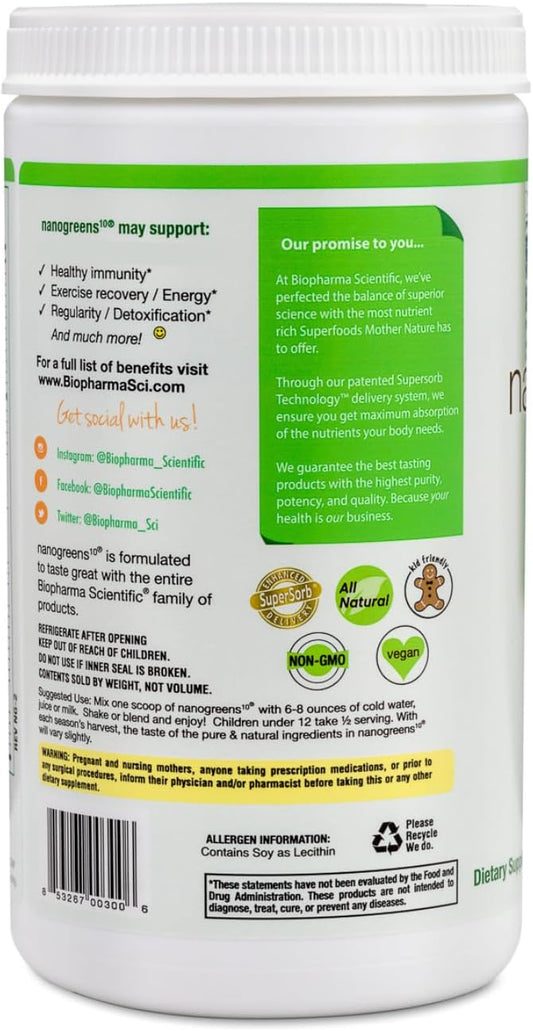 Biopharma Scientific Nanogreens : Greens Superfood Fruit & Vegetable Powder Smoothie For Digestive Health & Immunity W/Spirulina, Chlorella, Kale, Spinach, Plant Based, Green Apple, 30 Servings