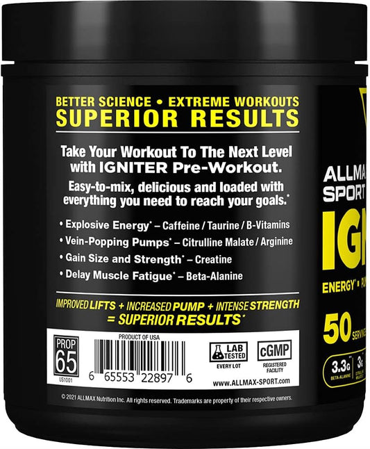 Allmax Igniter Sport, Blue Raspberry - 330 G - Pre-Workout Formula - With Caffeine, L-Citrulline, L-Arginine, Creatine & Beta Alanine - Up To 50 Servings