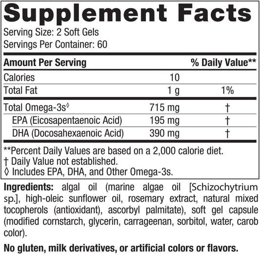 Nordic Naturals Algae Omega - 120 Soft Gels - 715 mg Omega-3 - Certified Vegan Algae Oil - Plant-Based EPA & DHA - Heart, Eye, Immune & Brain Health - Non-GMO - 60 Servings