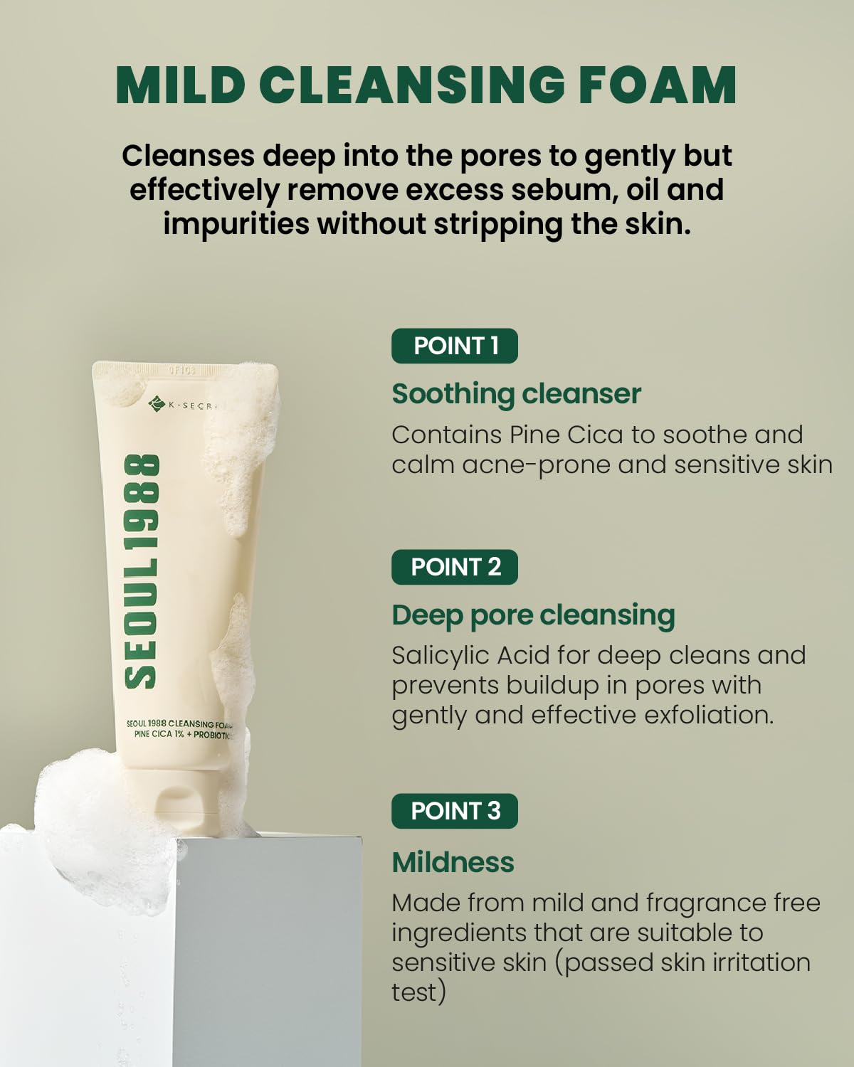 Ksecret Seoul 1988 Cleansing Foam : Pine Cica 1% + Probiotics, 150Ml/5.07Fl.Oz