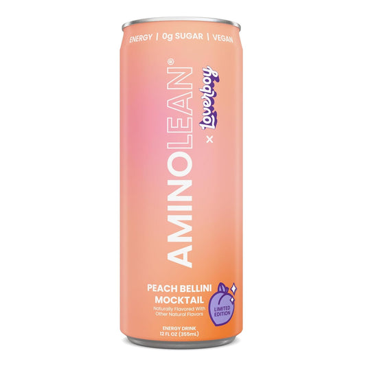 Aminolean X Loverboy Peach Bellini Energy Drink – Sugar Free Anytime Energy With Natural Caffeine & Vegan Amino Acids For No Jitters, Tingles, Or Crash, 12 Pack