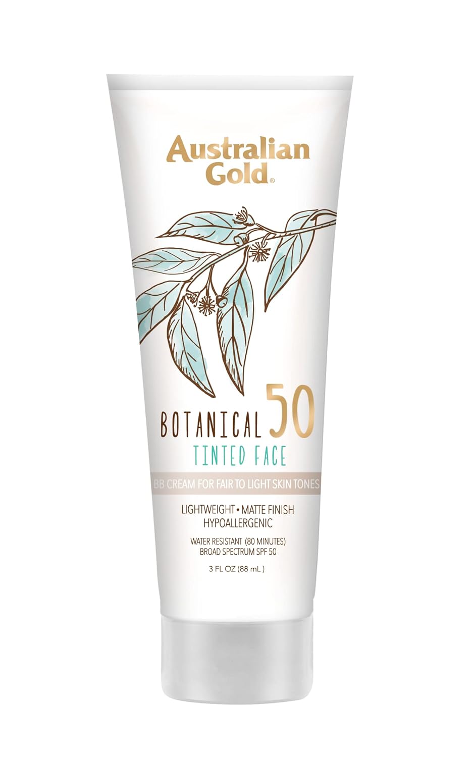 Australian Gold Botanical Spf 50 Tinted Face Sunscreen, Non-Chemical Bb Cream, Water-Resistant, Matte Finish, Sensitive Skin, 3 Fl Oz