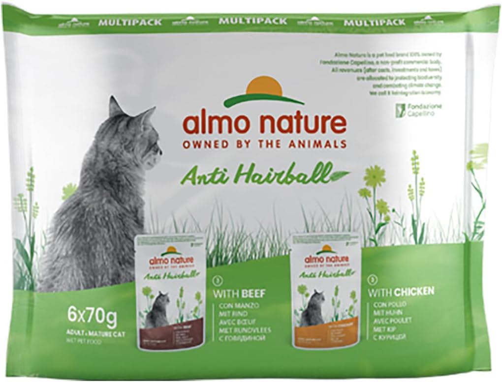 Almo Nature Functional Anti Hairball Multipack Complete Wet Cat Food -3 pouches with Beef/3 pouches with Chicken, (pack of 6 pouches x70g)?66559