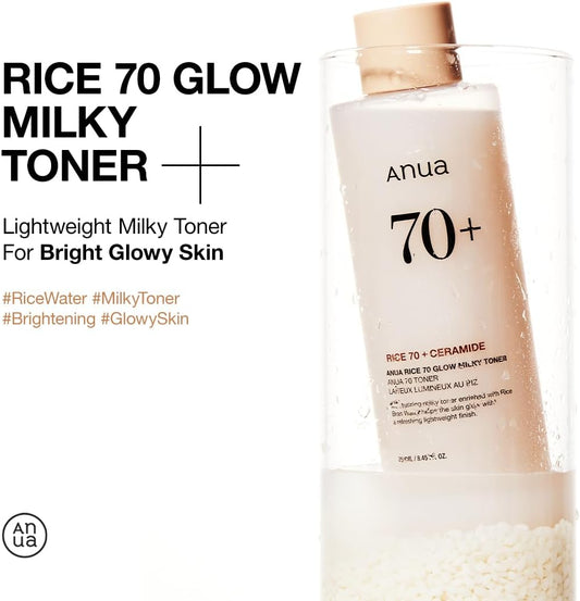 Anua Rice 70 Glow Milky Toner, For Glass Skin And Brightening, Rice Water, Niacinamide, Ceramides, Panthenol, Fragrance-Free, Non Comodogenic, Fungal Acne Safe, Korean Skin Care, 250Ml/8.45Fl.Oz