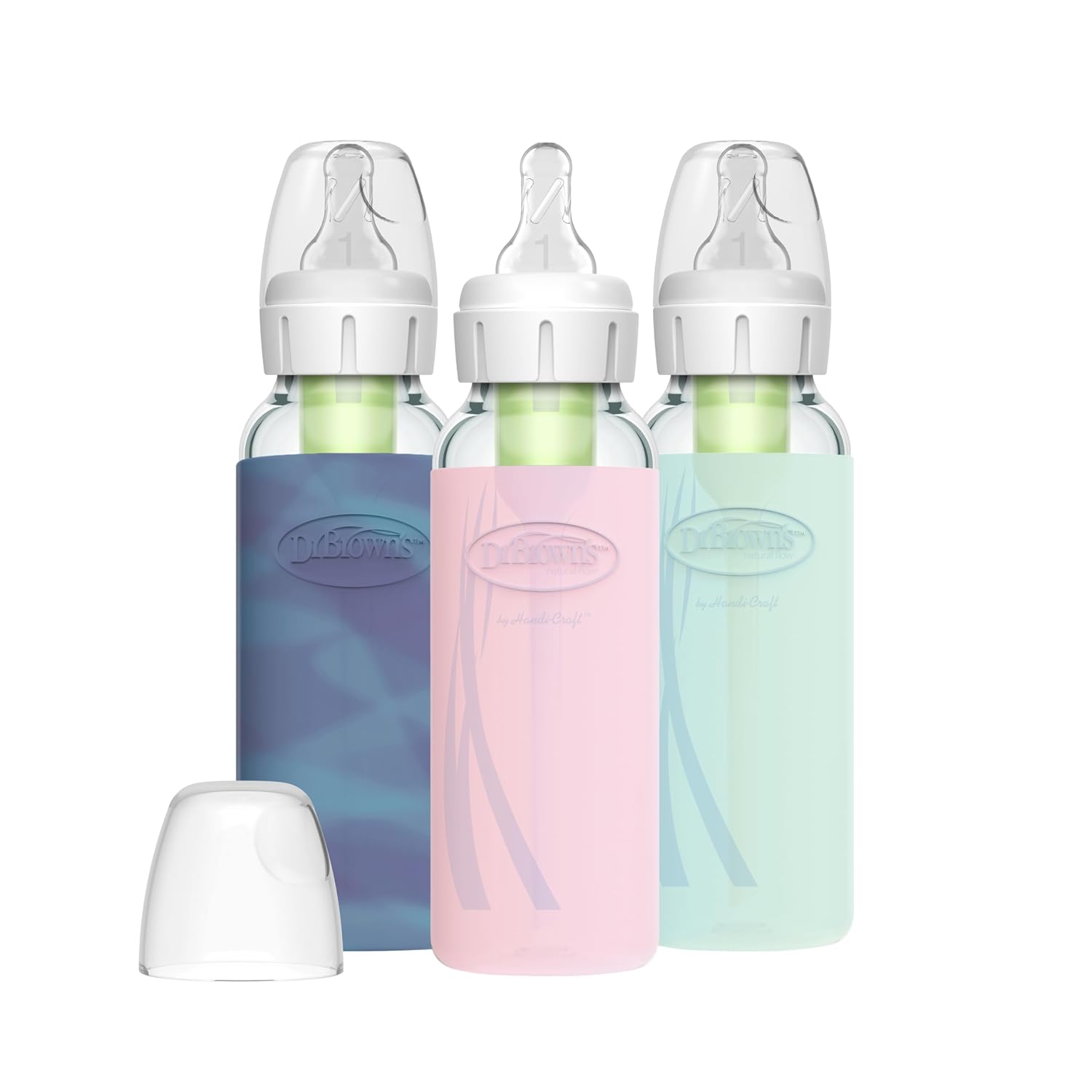 Dr. Brown'S Natural Flow Anti-Colic Options+ Narrow Glass Baby Bottle, 8 Oz/250 Ml, With Silicone Bottle Sleeve, 3 Pack, Glow/Pink/Mint