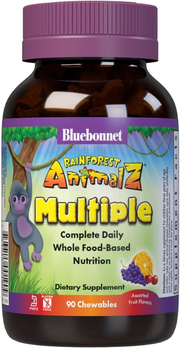 Bluebonnet Nutrition Rainforest Animalz Whole Food Based Multiple Chewable Tablets, Kids Multivitamin & Mineral, Vitamin C, D3, Iron, Gluten Free, Milk Free, Kosher, 90 Chewable Tablets, Mixed Flavors