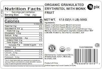 Yupik Organic Granulated Erythritol With Monk Fruit, 1.1 lb Natural Sweetener, Sugar Substitute, Diabetic-Friendly Sweetener, Sugar-Free Sweetener : Grocery & Gourmet Food