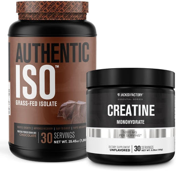 Jacked Factory Authentic Iso Grass Fed Whey Protein Isolate Powder - Low Carb, Non-Gmo Muscle Building Protein (30 Servings, Chocolate) Creatine Monohydrate Powder (30 Servings)