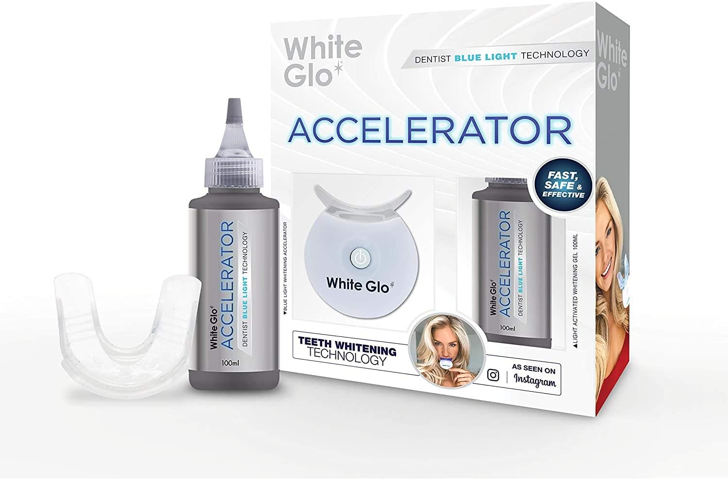 White Glo Accelerator Professional Teeth Whitening Kit With Led Light For Sensitive Teeth And Gums - Blue Light Activated Gel For Best Results - 10 Min Timer & 50 Uses!