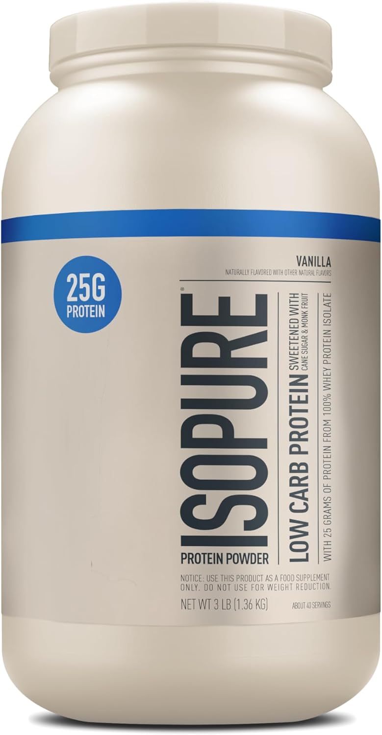 Isopure Low Carb 100% Pure Whey Isolate Protein Powder, Lactose Free, Gluten Free, With Vitamins, Vanilla, 25G Protein Per Serving, 3 Lbs, 40 Servings