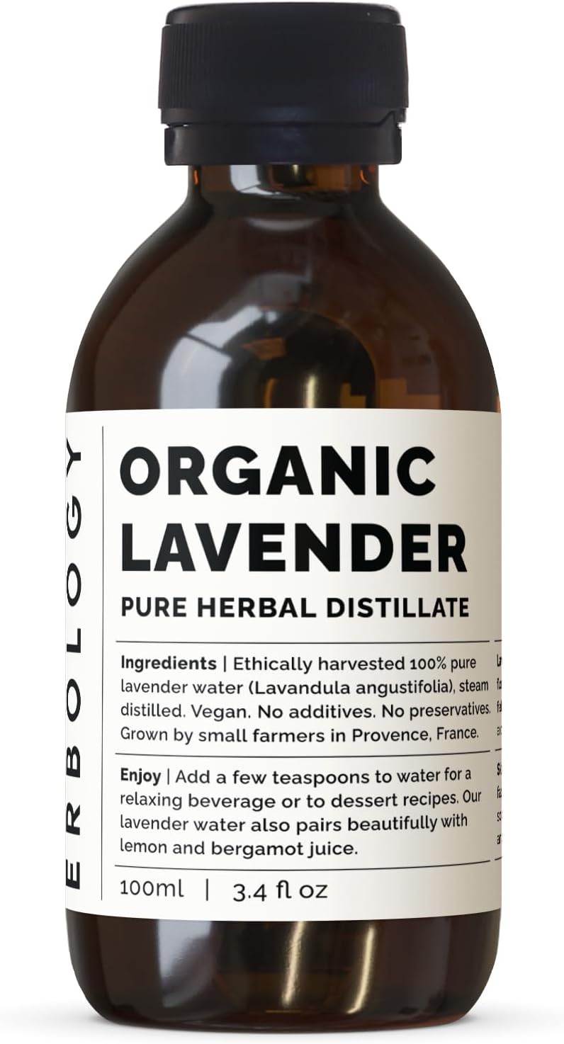 Erbology Organic Lavender Water 3.4 Fl Oz - Premium Food Grade Hydrolate Of Lavender - Soothing And Relaxing - Non-Gmo - Recyclable Glass Bottle