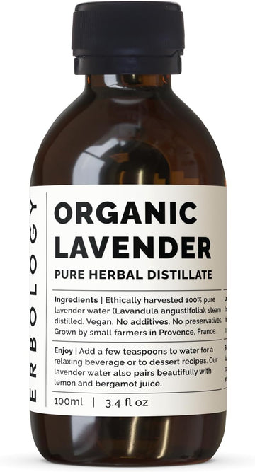 Erbology Organic Lavender Water 3.4 Fl Oz - Premium Food Grade Hydrolate Of Lavender - Soothing And Relaxing - Non-Gmo - Recyclable Glass Bottle