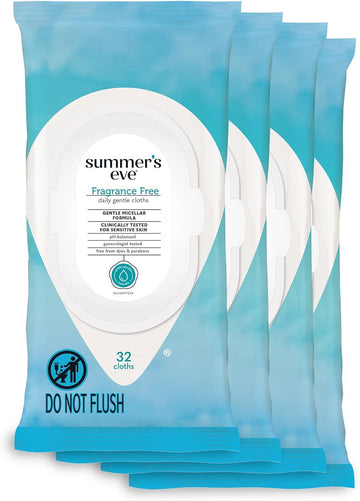 Summer'S Eve Fragrance Free Gentle Daily Feminine Wipes, Removes Odor, Ph Balanced, 32 Count, 4 Pack