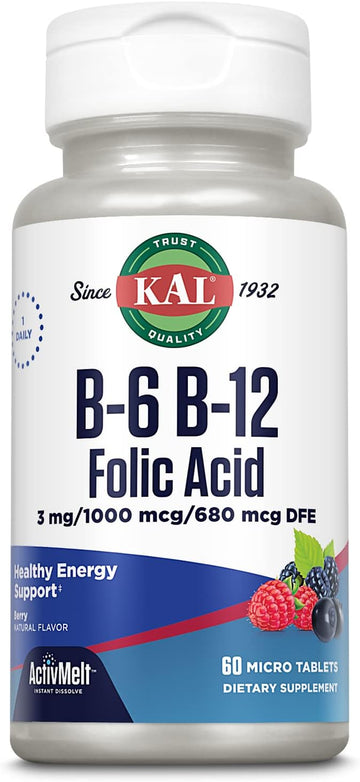 KAL Vitamin B-6, B-12 & Folic Acid Supplement, Heart Health, Energy & Red Blood Cell Support*, with Vitamin B12 Methylcobalamin & Folate, Natural Berry Flavor, 60 Servings, 60 ActivMelt Micro Tablets