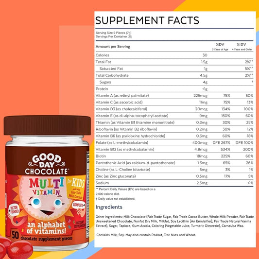 Good Day Chocolate Complete Multivitamin For Kids, Daily Supplement Of Vitamins A, B6, B12, C, D, E, Folate And Biotin, Fair Trade And Non-Gmo Milk Chocolate, 50 Pieces