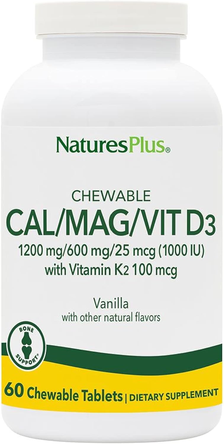 NaturesPlus Chewable Cal/Mag/VIT D3 with Vitamin K2-60 Chewable Tablets - Vanilla Flavor - Bone Health Supplement with Calcium, Magnesium, Vitamin D3 and K2 - Gluten-Free - 30 Servings