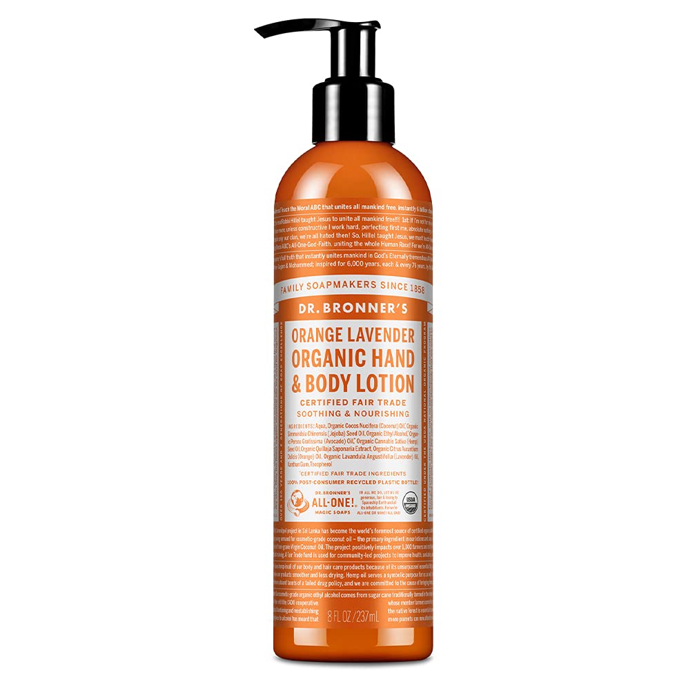 Dr. Bronner'S - Organic Lotion (Orange Lavender, 8 Ounce) - Body Lotion And Moisturizer, Certified Organic, Soothing For Hands, Face And Body, Highly Emollient, Nourishes And Hydrates, Vegan, Non-Gmo