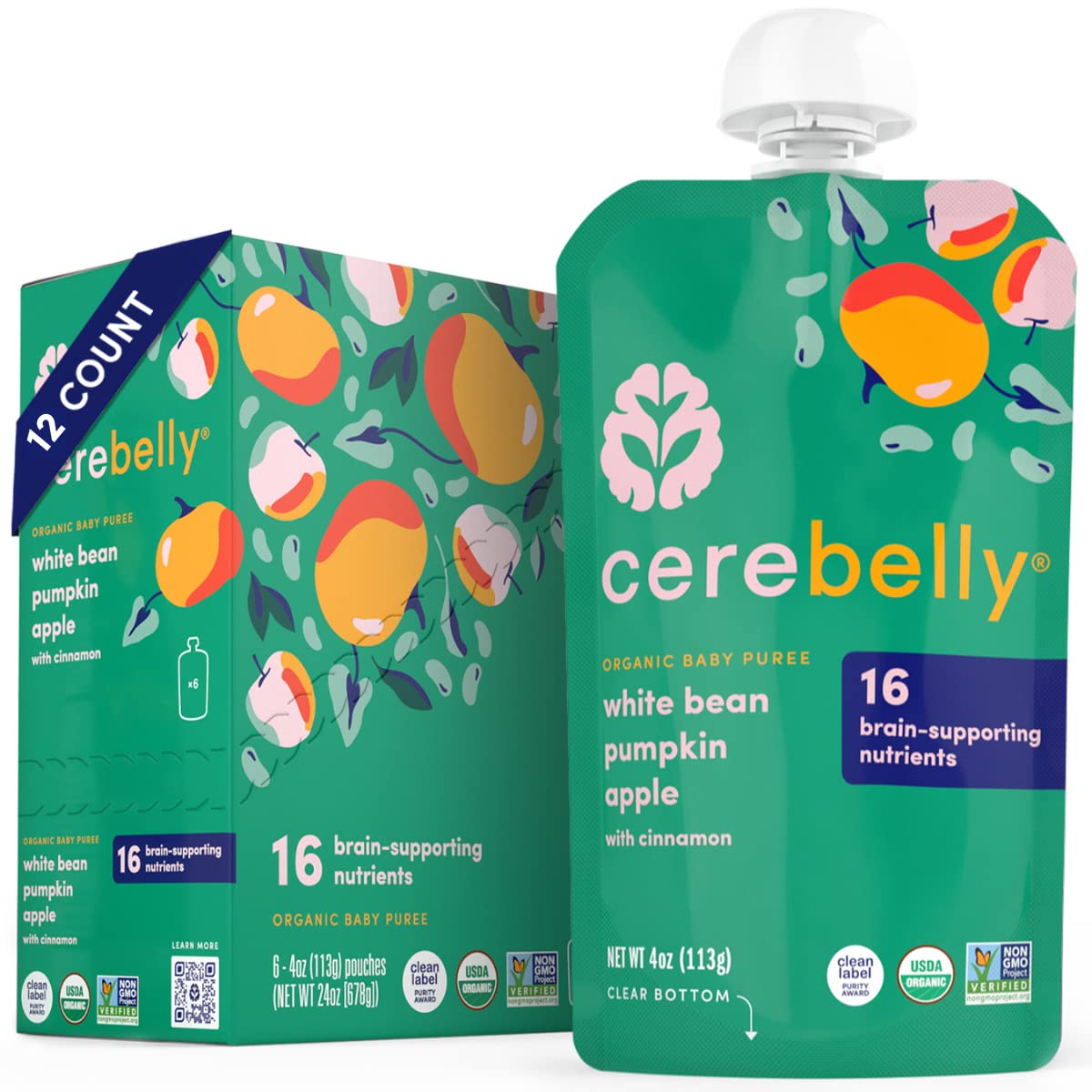 Cerebelly Baby Food Pouches – Organic White Bean Pumpkin Apple (4 oz, Pack of 12) - Toddler Snacks - 16 Brain-Supporting Nutrients - Healthy Snacks, Made with Gluten-Free Ingredients, No Added Sugar