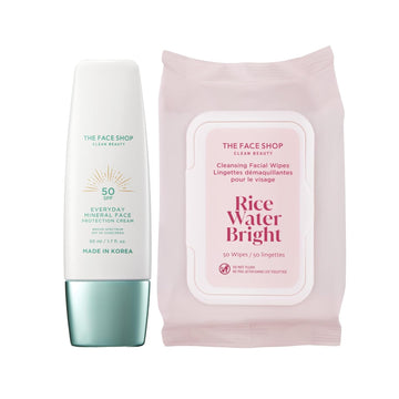 The Face Shop Everyday Mineral Sunscreen Spf 50 & Rice Water Bright Makeup Remover Wipes - Korean Sunscreen For Face With Zinc Oxide, Panthenol & Niacinamide, Facial Wipes For Face With Rice Extract