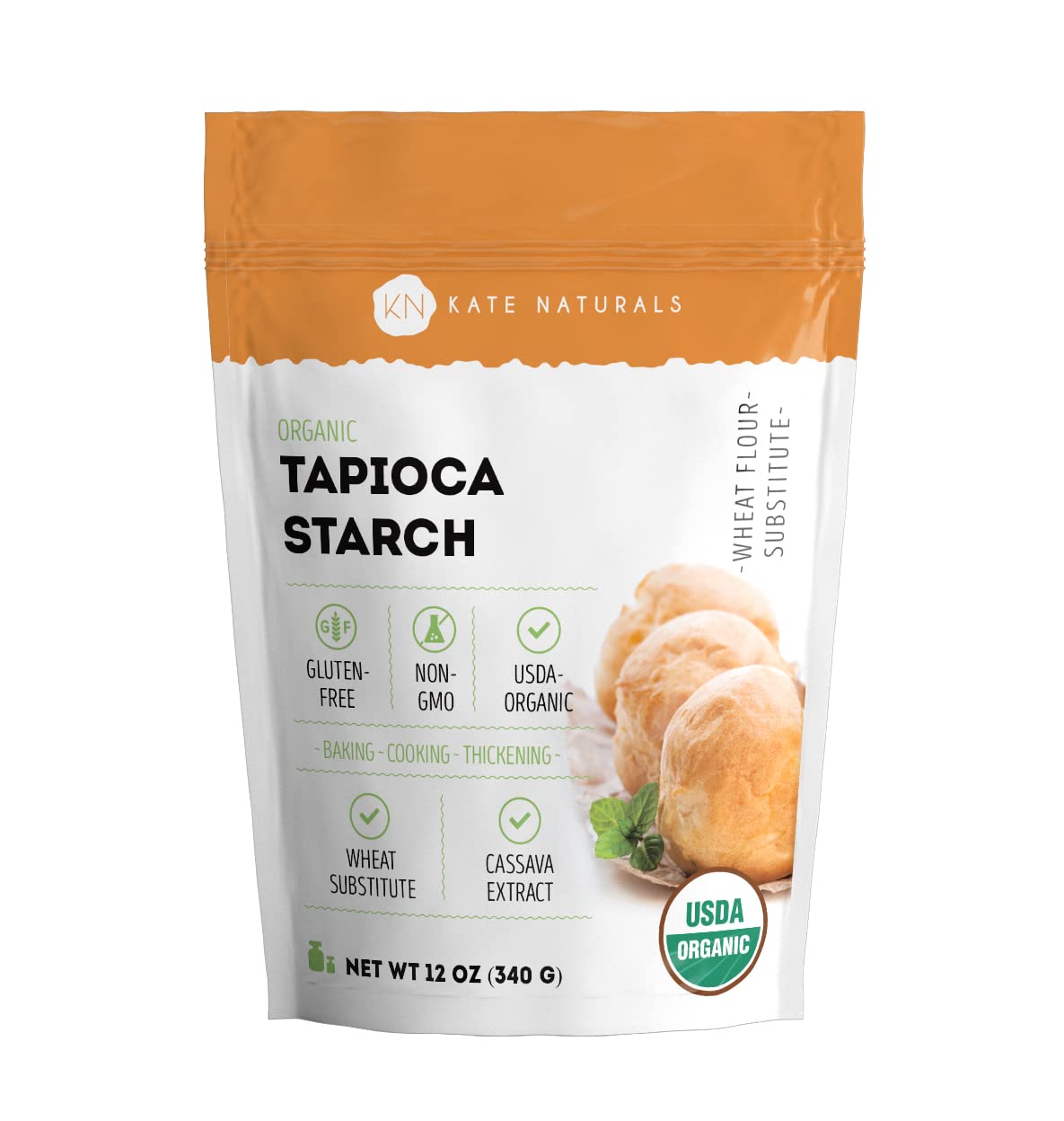 Kate Naturals Tapioca Starch Flour for Baking & Soups (12oz). USDA Organic Tapioca Flour for Boba, Body Butter, Keto & Vegan. Non-GMO, Gluten Free Tapioca Flour Organic for Cooking