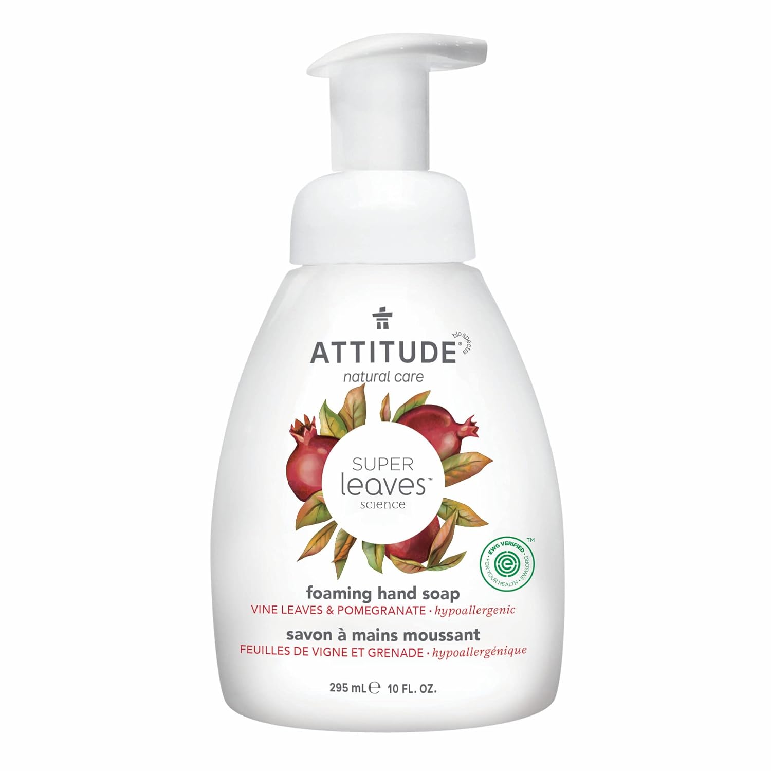 ATTITUDE Foaming Hand Soap, EWG Verified, Dermatologically Tested, Plant and Mineral-Based, Vegan Personal Care Products, Vine Leaves and Pomegranate, 10 Fl Oz