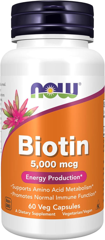 NOW Supplements, Biotin 5,000 mcg, Amino Acid Metabolism*, Energy Production*, 60 Veg Capsules