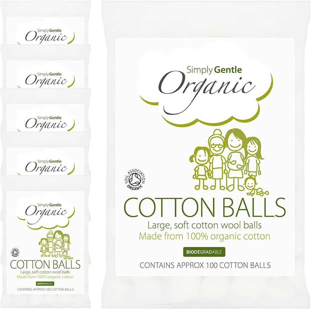 Simply Gentle Organic Cotton Wool Balls - Perfect For First Aid - Pure Cotton Balls For Skin Care, Hypoallergenic & Soft - Free From Odours, Alcohol, Irritants And Paraben - 100 Balls (Pack Of 6)