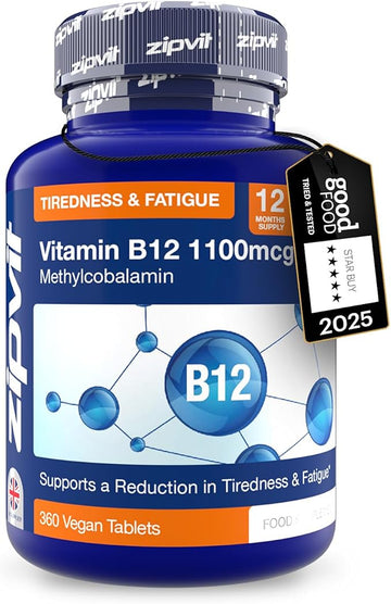 Zipvit Vitamin B12 Tablets High Strength 1100mcg, 1 Year Supply, Pure Methylcobalamin, 360 Vegan Tablets, Reduces Tiredness, Supports Energy and Immunity