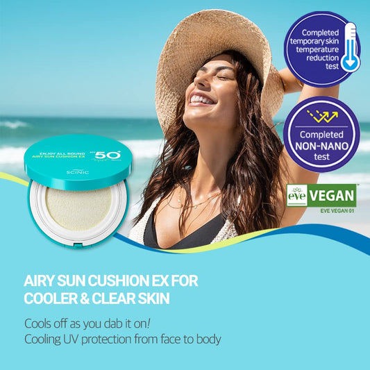 Scinic Enjoy All Round Airy Sun Cushion Ex Spf50+Pa++++0.88Oz (25G) | Cooling Uv Protection & Natural Tone-Up From Face To Body For All Family Members | Korean Skincare