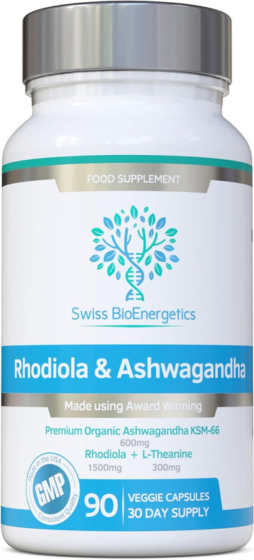 Rhodiola & Ashwagandha With L-Theanine - Award Winning Ashwagandha Ksm-66 600Mg & 1500Mg Rhodiola (3% Rosavins - 1% Salidrosides) Whole Root Equivalent- Adaptogen Combo- No Artificial Fillers