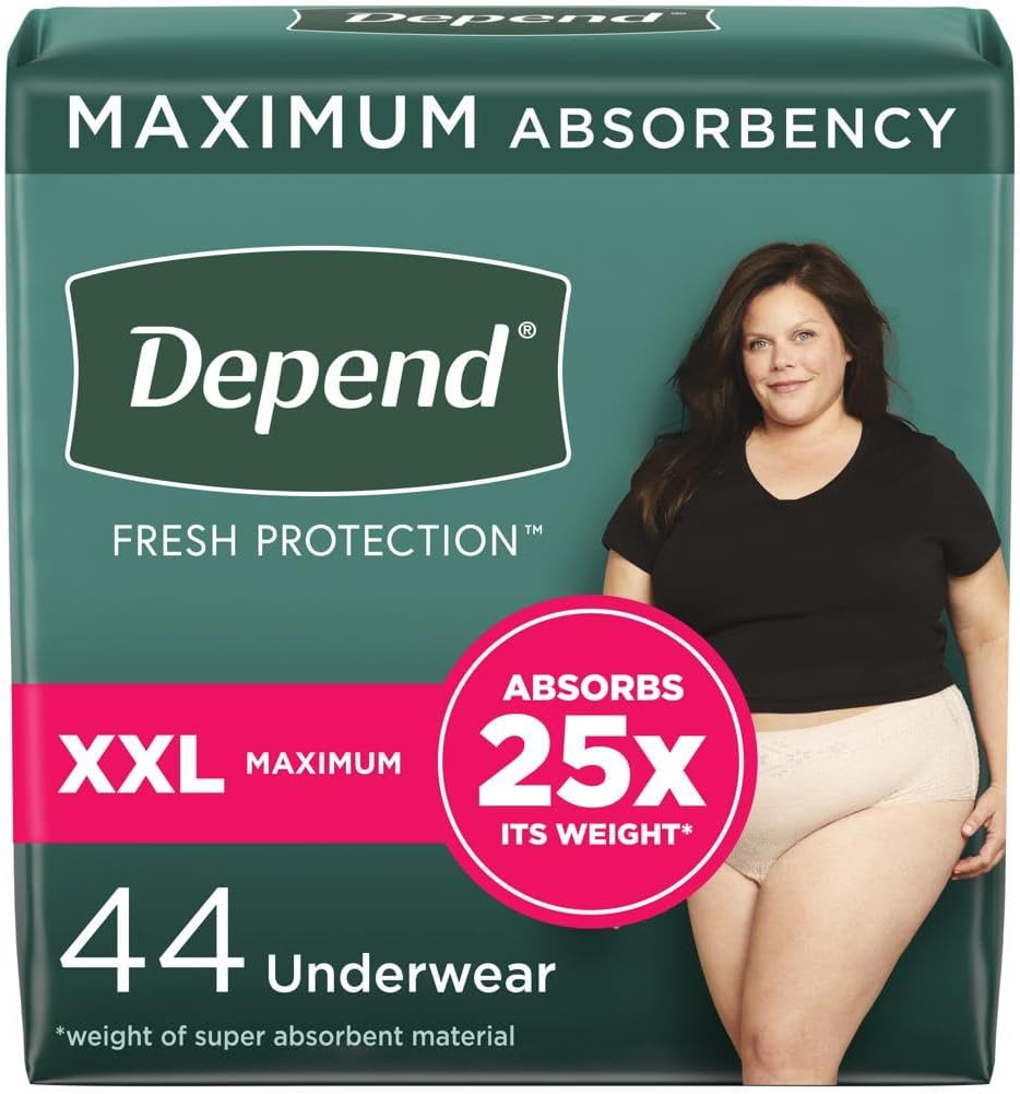 Depend Fresh Protection Adult Incontinence Underwear for Women (Formerly Depend Fit-Flex), Disposable, Maximum, Extra-Extra-Large, Blush, 44 Count (2 Packs of 22), Packaging May Vary