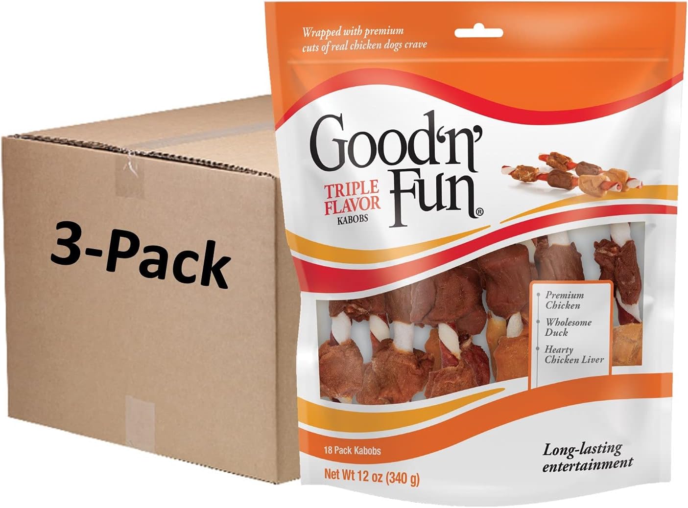 Good ’N’ Fun Triple Flavor Kabobs 18 Count, Rawhide Snack For All Dogs (3 Pack)