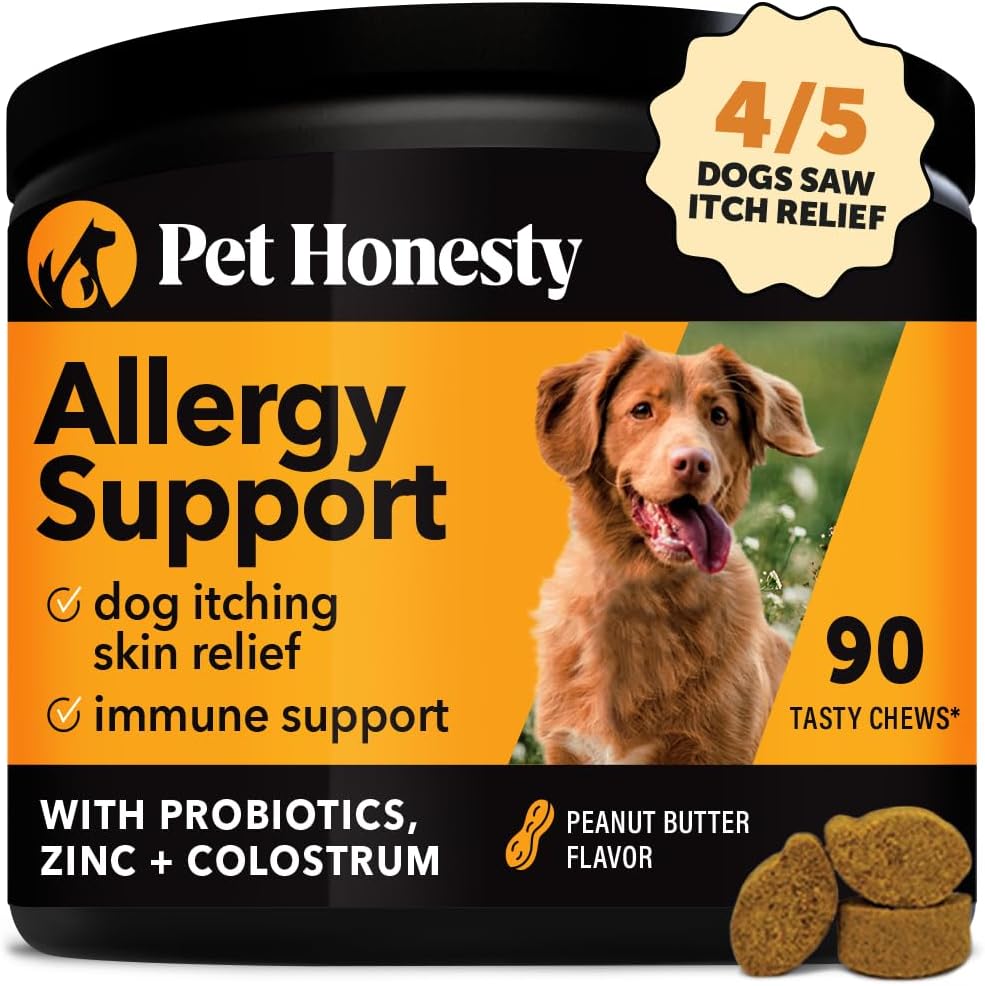 Pet Honesty Allergy Itch Relief For Dogs - Dog Allergy Support Immunity Supplement - Dog Allergy Chews, Probiotics For Dogs, Seasonal Allergies, Skin And Coat Supplement - Peanut Butter (90Ct)
