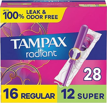 Tampax Radiant Tampons Multipack With Leakguard Braid, Regular/Super Absorbency, With Leakguard Braid, Unscented, 28 Count