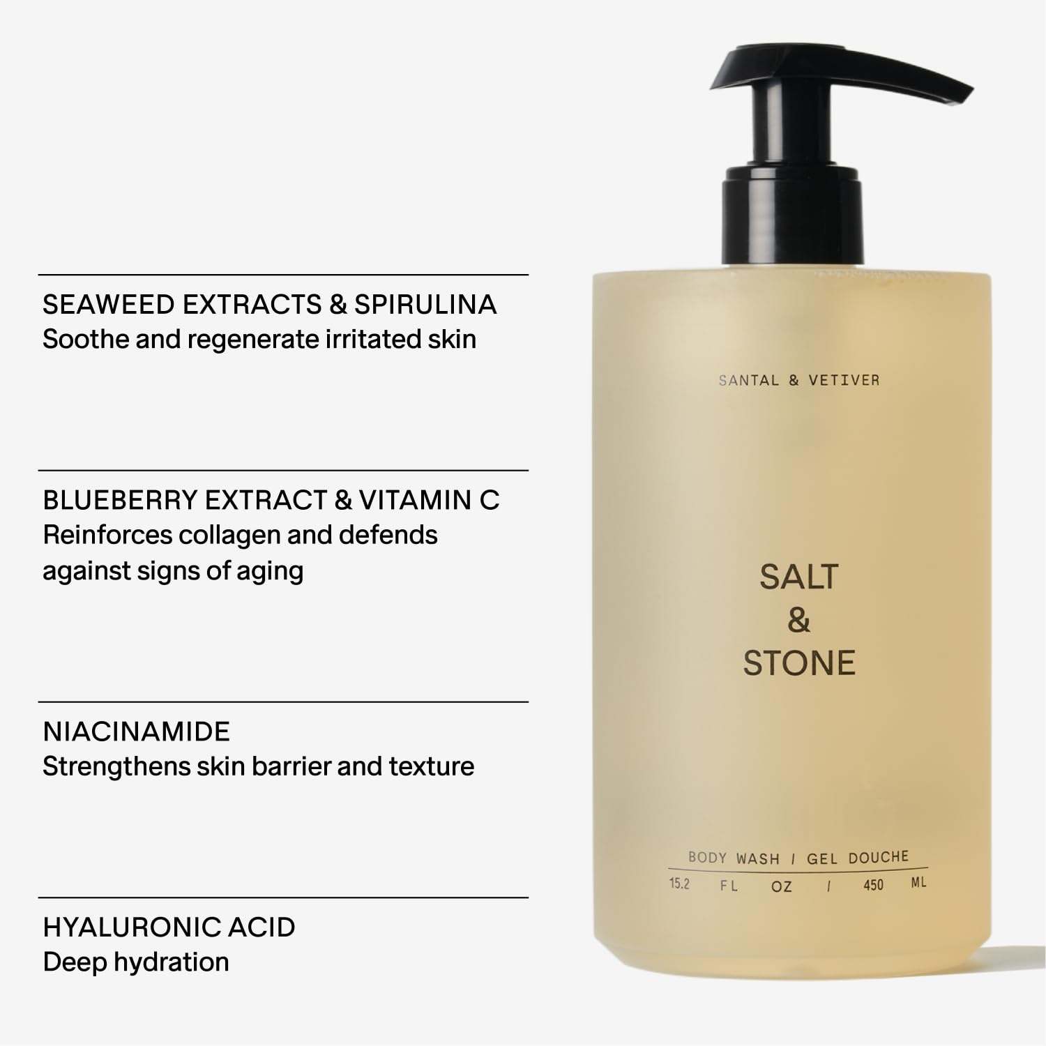 SALT & STONE Antioxidant-Rich Body Wash - Santal & Vetiver | Cleanse, Nourish & Soften Skin with Niacinamide & Hyaluronic Acid | Free From Parabens, Sulfates & Phthalates (15.2 fl oz) : Beauty & Personal Care