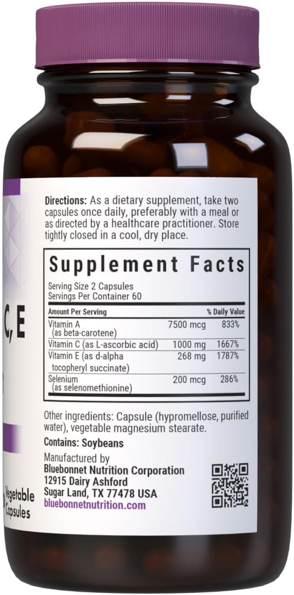 Bluebonnet Beta Carotene C And E Plus Selenium Vegetarian Capsules, 120 Count, White : Health & Household