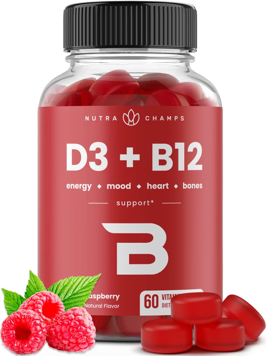 Vitamin D3 & Vitamin B12 | Methyl B12 Gummies For Adults & Kids | Enhanced With Vitamin D 3 & B9 Vitamin Folate | Natural Energy, Mood, Metabolism & Focus | Raspberry | 60 Gummies