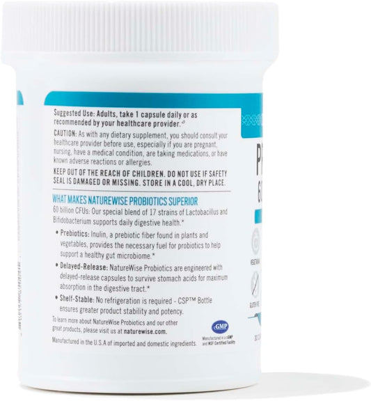 NatureWise Probiotics 60 Billion CFU - 17 Strains + Organic Prebiotics - Immune, Digestive & Gut Health Probiotics for Women & Men - Vegetarian, Gluten-Free, Non-GMO - 30 Capsules[1-Month Supply]