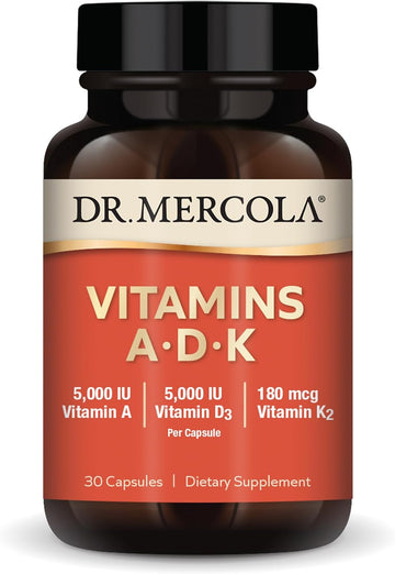 Dr. Mercola Vitamins ADK, 30 Servings (30 Capsules), Dietary Supplement, 5000 IU Vitamin A & Vitamin D3, 180 mcg Vitamin K2, Supports Immune Health, Non GMO