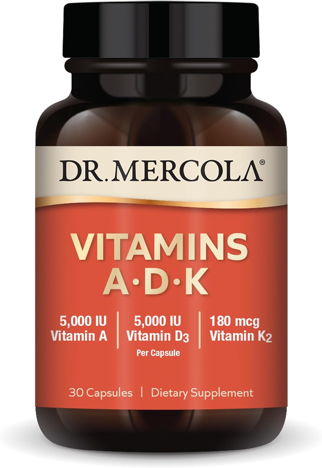 Dr. Mercola Vitamins Adk, 30 Servings (30 Capsules), Dietary Supplement, 5000 Iu Vitamin A & Vitamin D3, 180 Mcg Vitamin K2, Supports Immune Health, Non Gmo