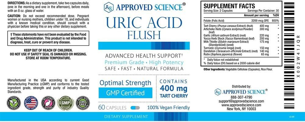 Approved Science® Uric Acid Flush with Folic Acid and Tart Cherry - 60 Capsules - 1 Month Supply : Tools & Home Improvement