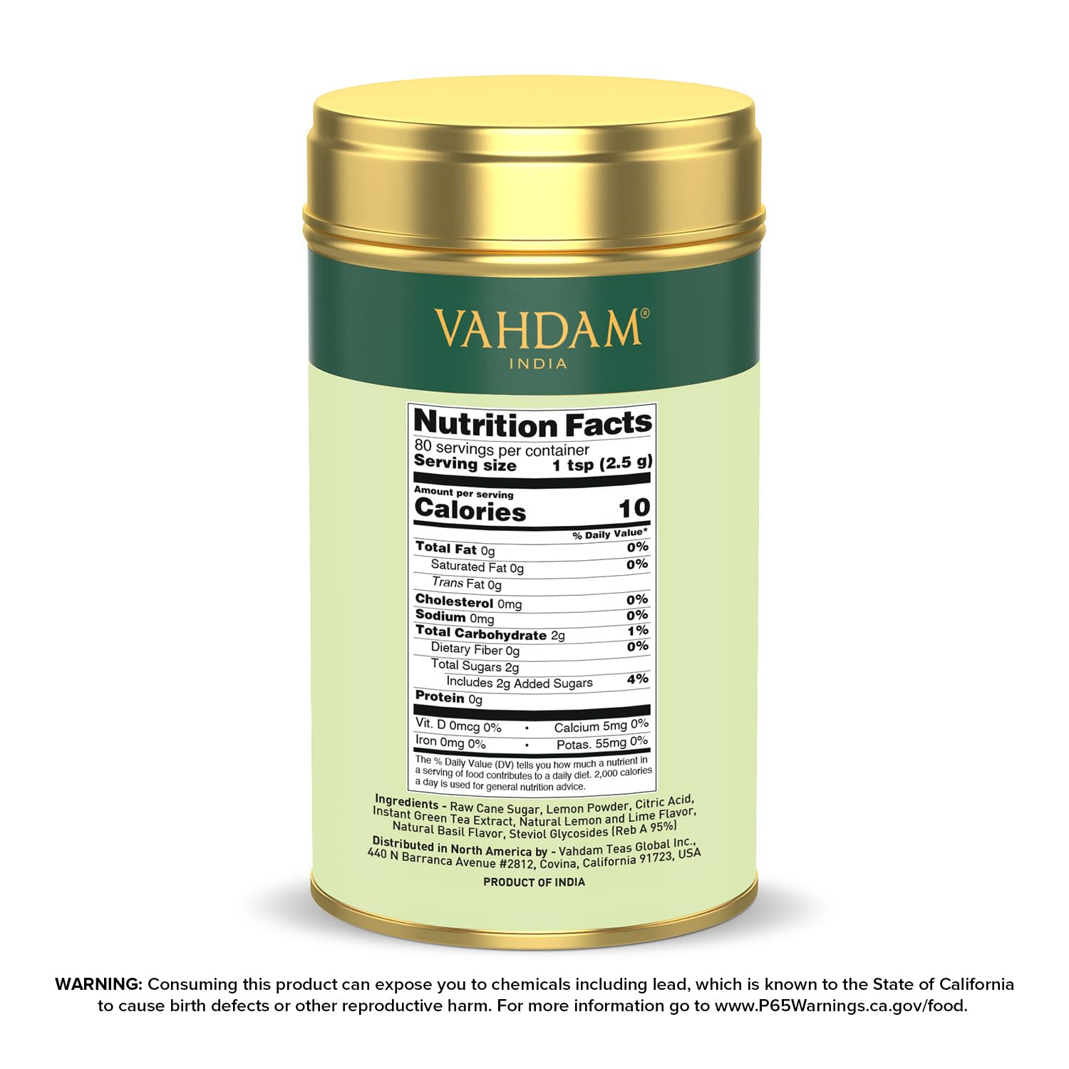 Lemon Basil Iced Tea Instant Premix (7Oz) 80 Servings | Lightly Sweetened Iced Tea | Zesty Lemon & Fresh Basil | Best For Mocktails & Cocktails | Packed In Tin Caddy | Vahdam