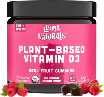 Llama Naturals Real Fruit Vitamin D3 Gummies Kids & Adults; No Added Sugar Cane, Organic, Vegan, Healthy Bones, Immunity, Mood, for Women, Men, Children; 200% DV Each; 60 ct (30-60 Days) (Raspberry)