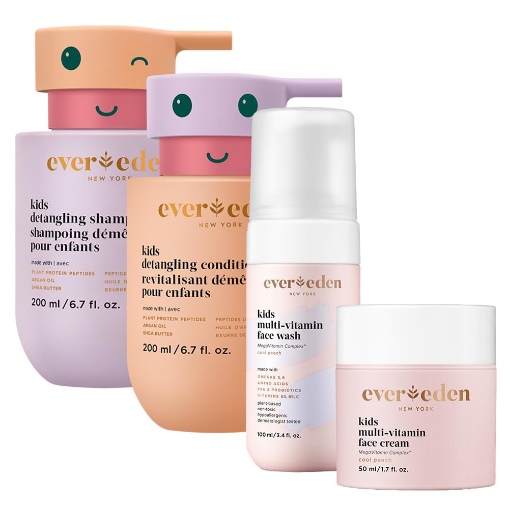 Evereden Kids Routine Bundle - Happy Hair Duo Detangling Kids Shampoo and Conditioner + Happy Face Duo Multi-Vitamin Face Wash for Kids and Multi-Vitamin Kids Face Cream - Skin Care for Kids 3+